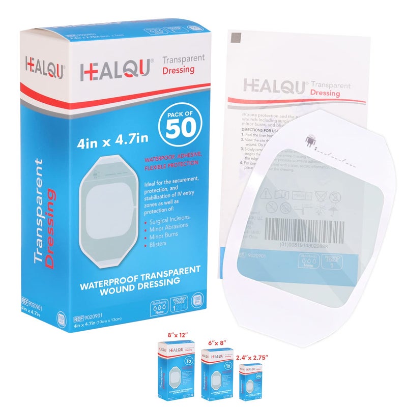 HEALQU Transparent Film Dressing 4" x 4.75" (50 Pack) â€“ Waterproof Adhesive Wound Bandages for Post-Surgical Shower, IV Shield, Tattoo Aftercare, Clear Breathable Dressing Patches by HEALQU - Image 1